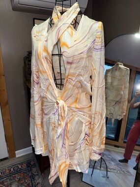 Olivaceous Marble-Print Crisscross Halter Mini Dress and Wrap Shirt Cover Up